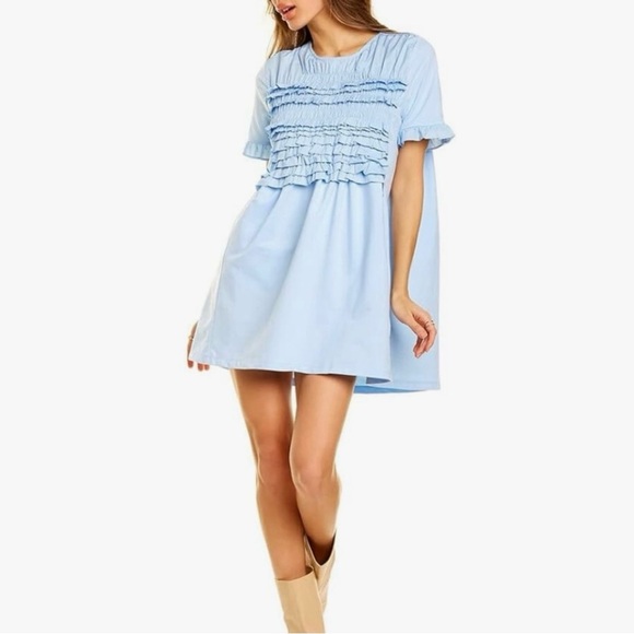 English Factory Light Blue Mixed Media Ruffle Mini Dress Size M - Picture 1 of 7